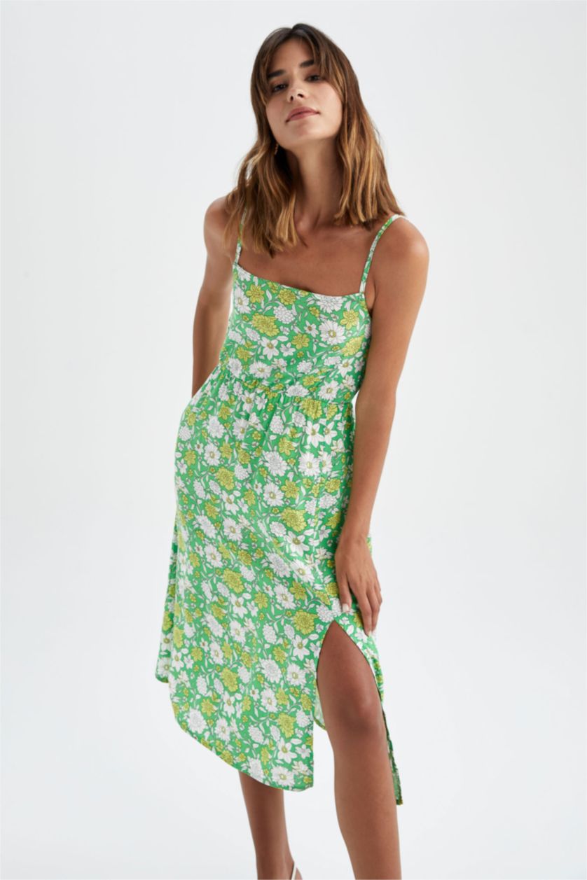 نساء أخضر فستان بأكمام قصيرة ميدي منقط سليم فيت بدون بأكمام بياقة V