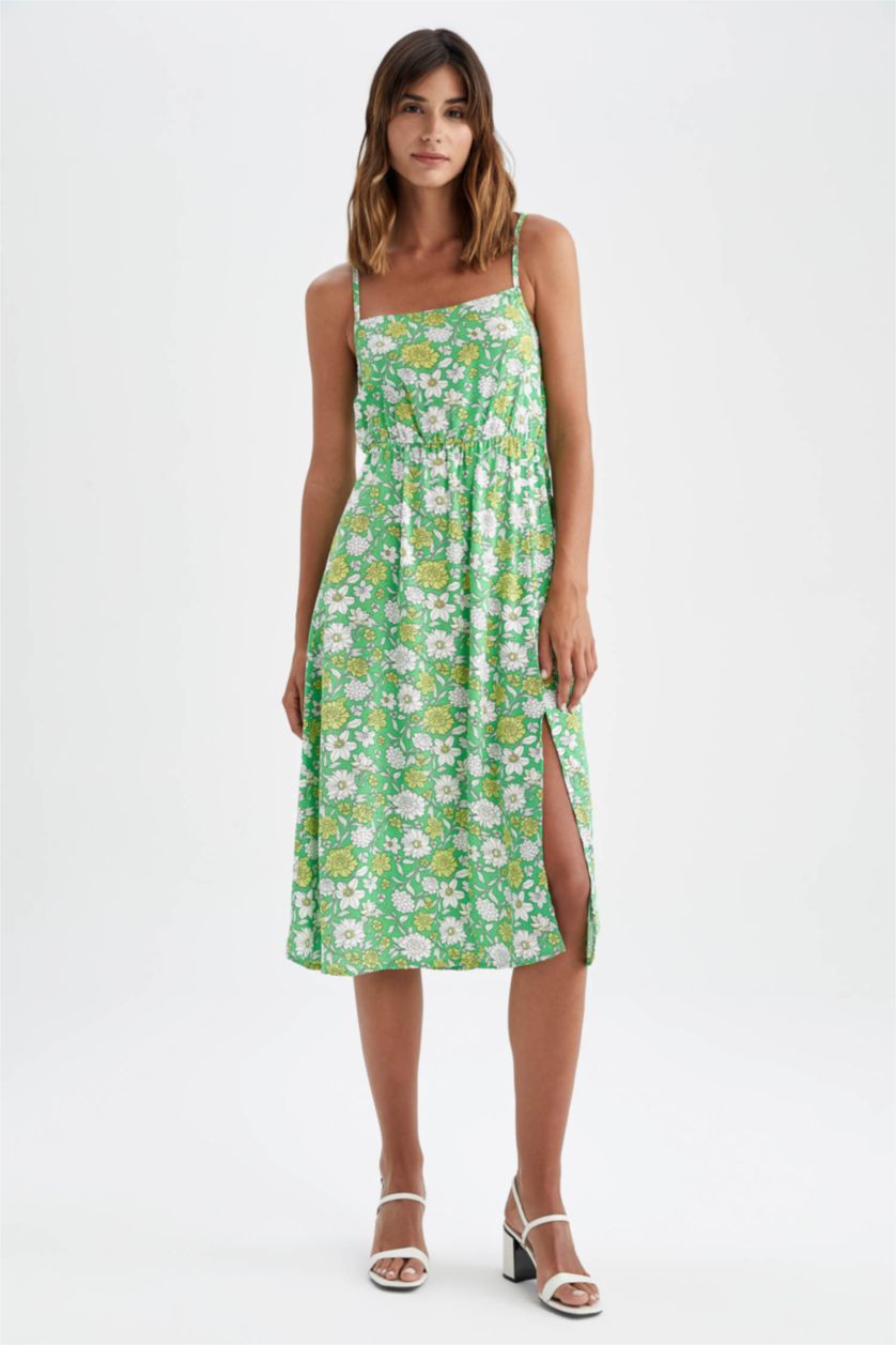 نساء أخضر فستان بأكمام قصيرة ميدي منقط سليم فيت بدون بأكمام بياقة V