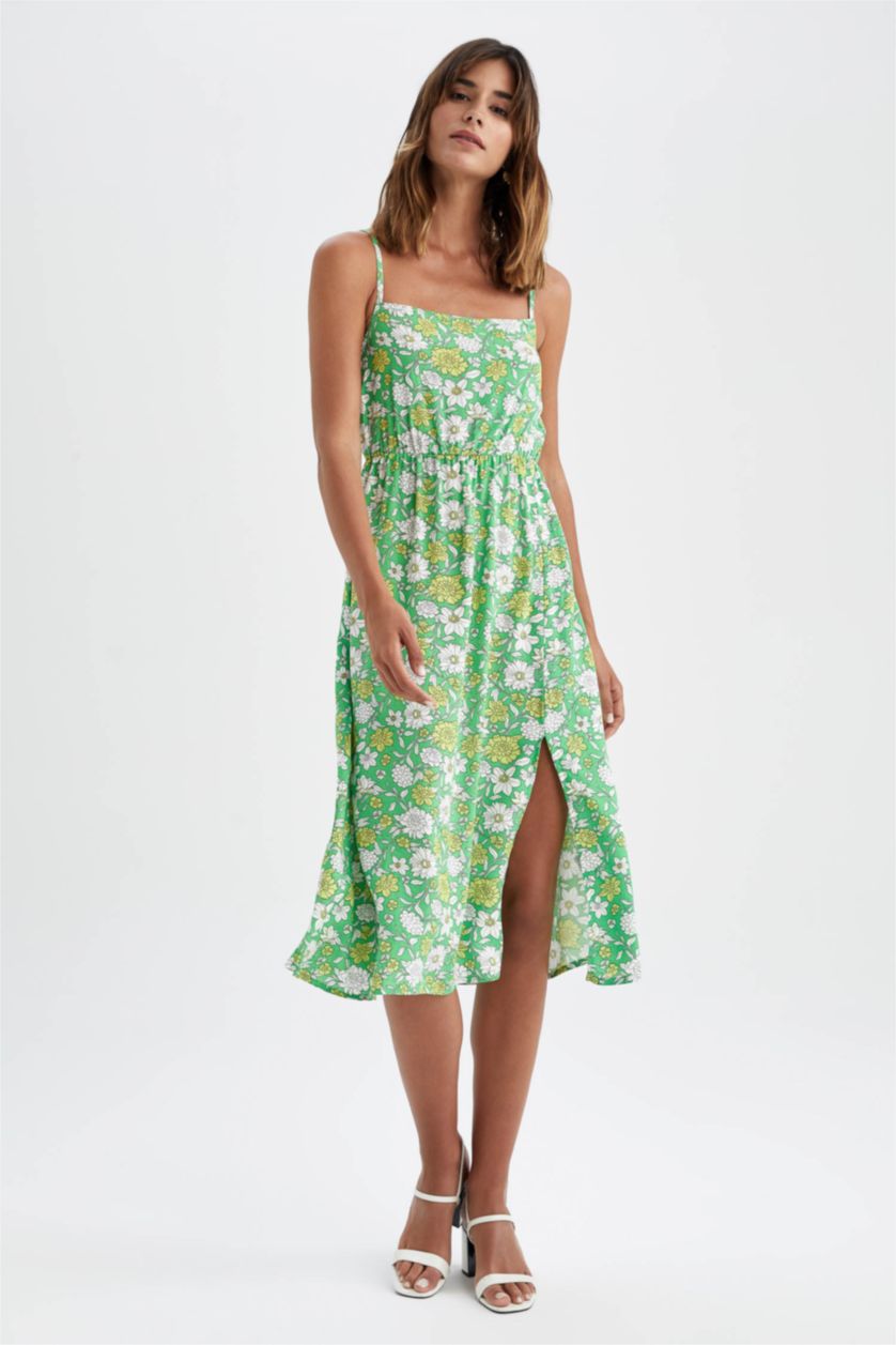 نساء أخضر فستان بأكمام قصيرة ميدي منقط سليم فيت بدون بأكمام بياقة V