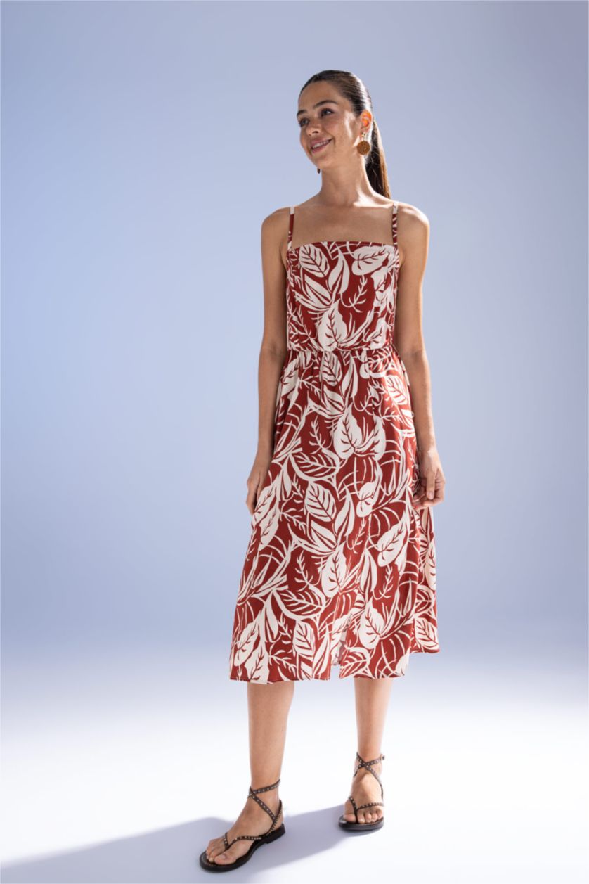 WOMAN Brown Slim Fit Strap Patterned Midi Dress