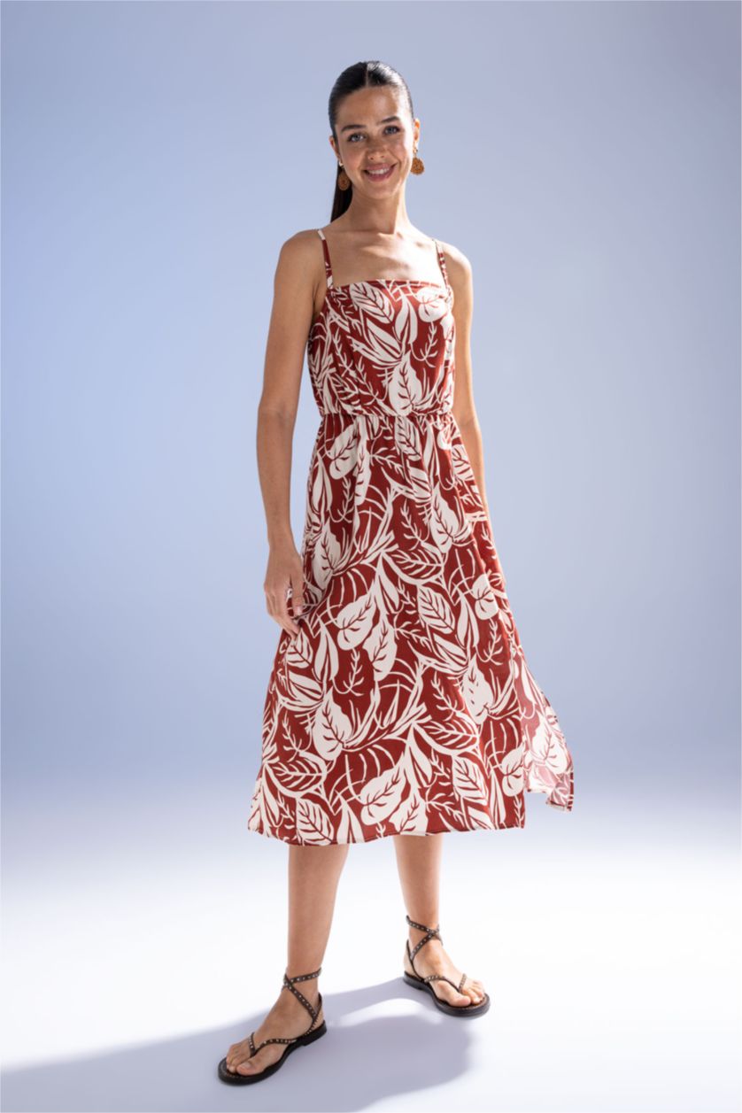 WOMAN Brown Slim Fit Strap Patterned Midi Dress