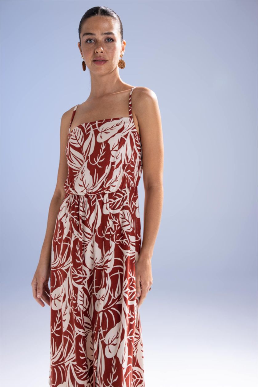 WOMAN Brown Slim Fit Strap Patterned Midi Dress