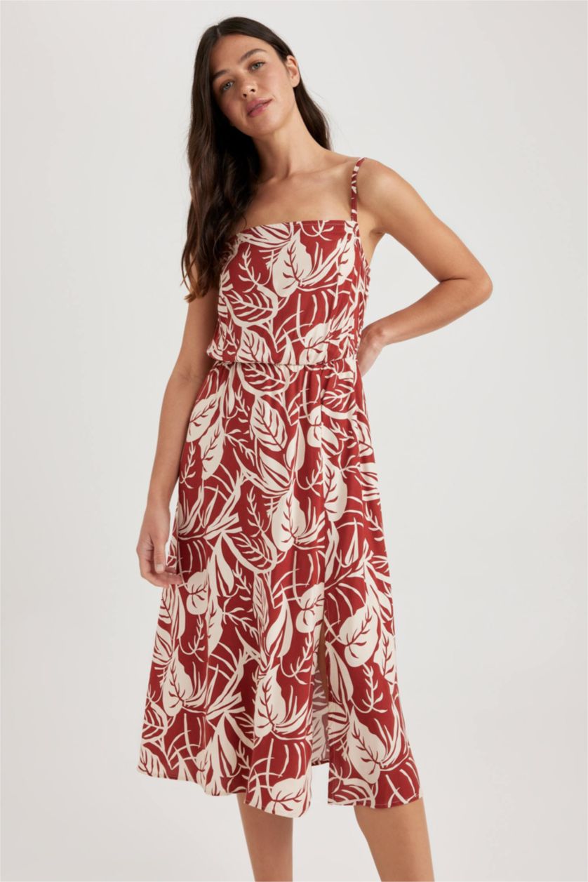 WOMAN Brown Slim Fit Strap Patterned Midi Dress