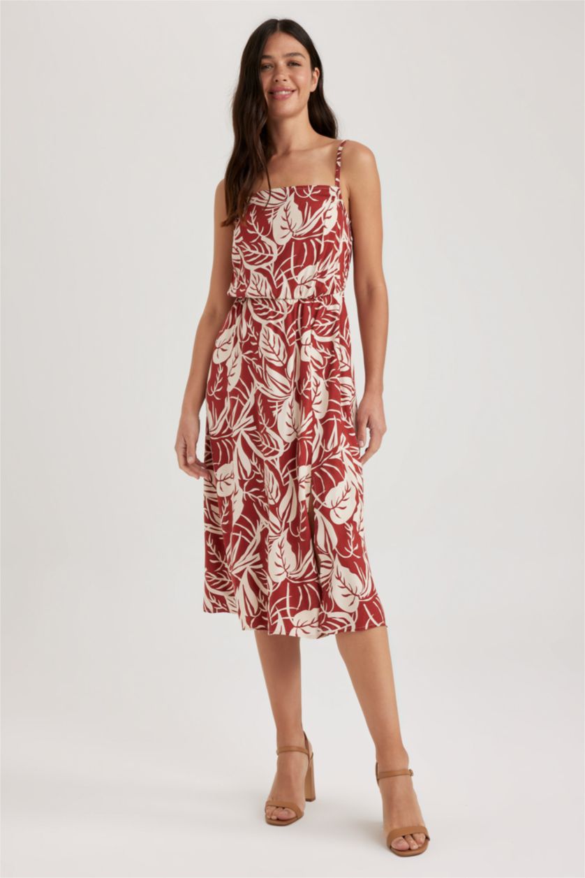 WOMAN Brown Slim Fit Strap Patterned Midi Dress