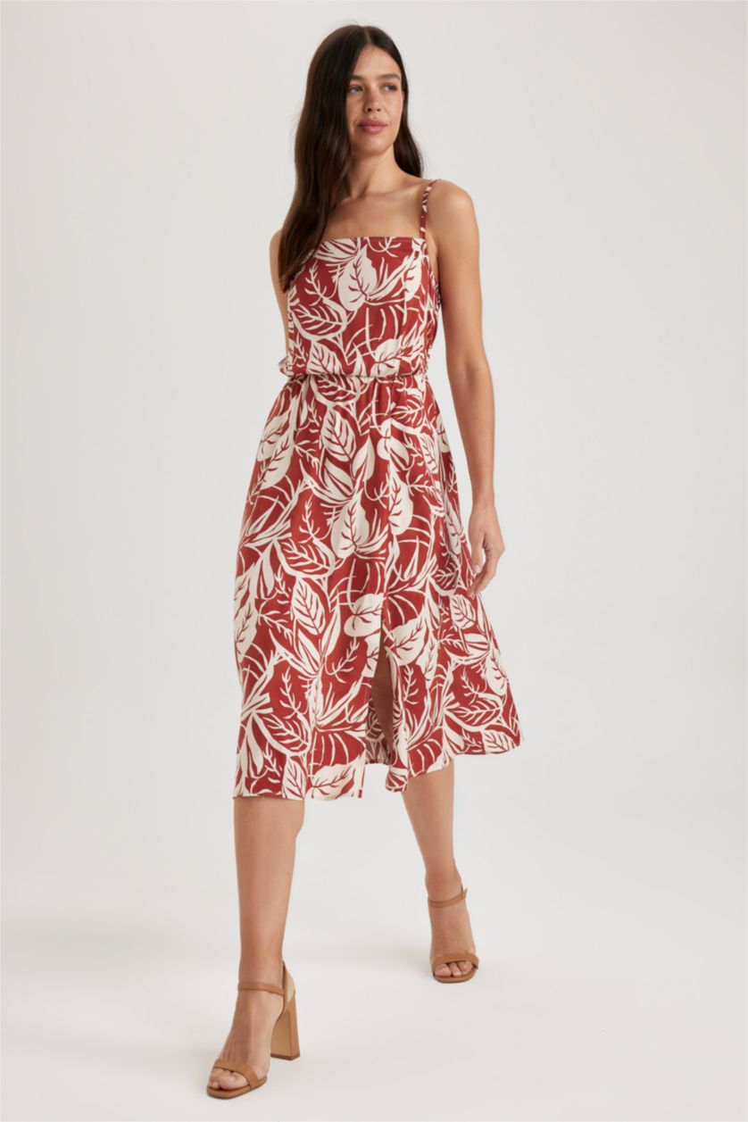 WOMAN Brown Slim Fit Strap Patterned Midi Dress