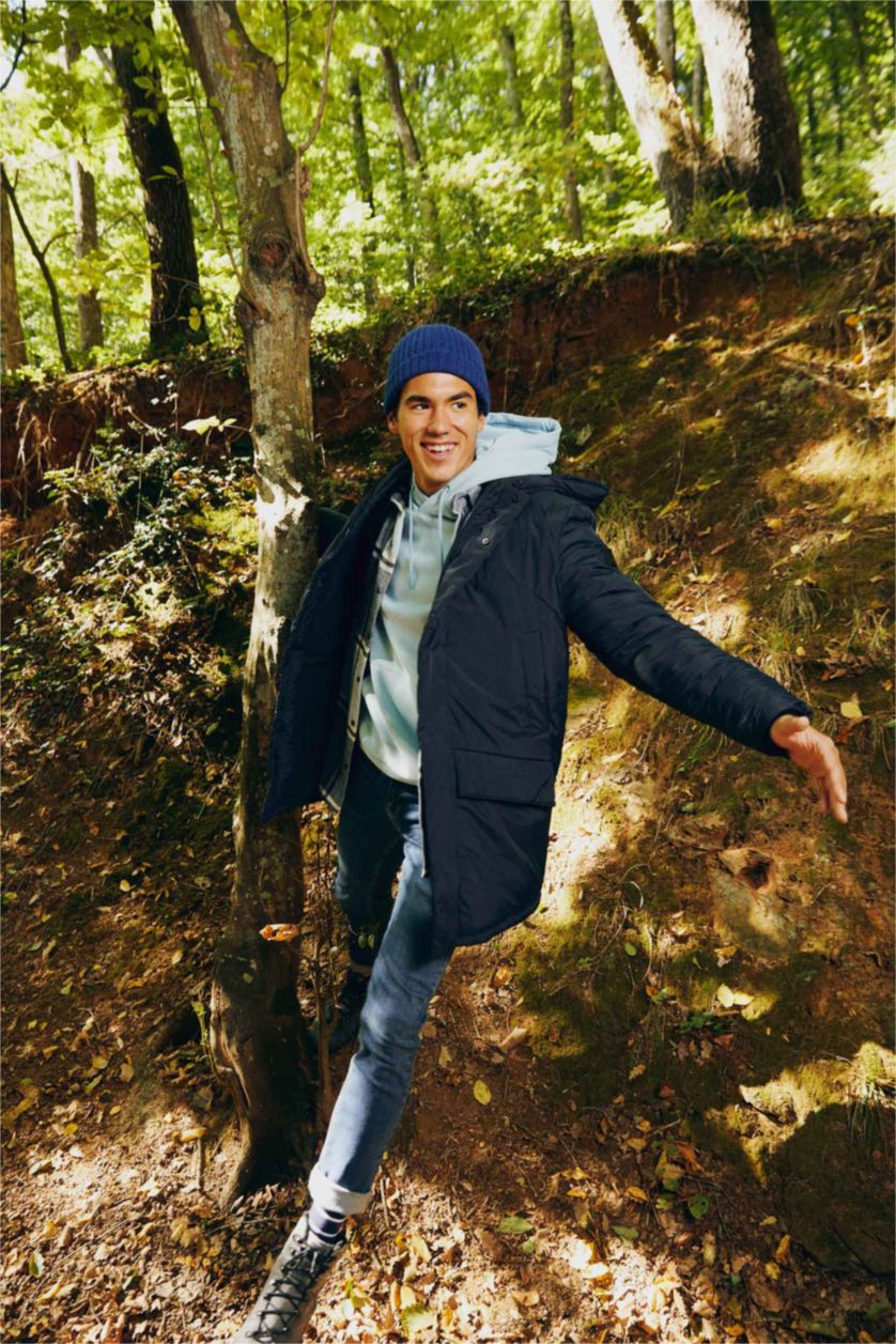 Erkek Lacivert Slim Fit Kapüşonlu Suni Kürk Astarlı Mont Parka