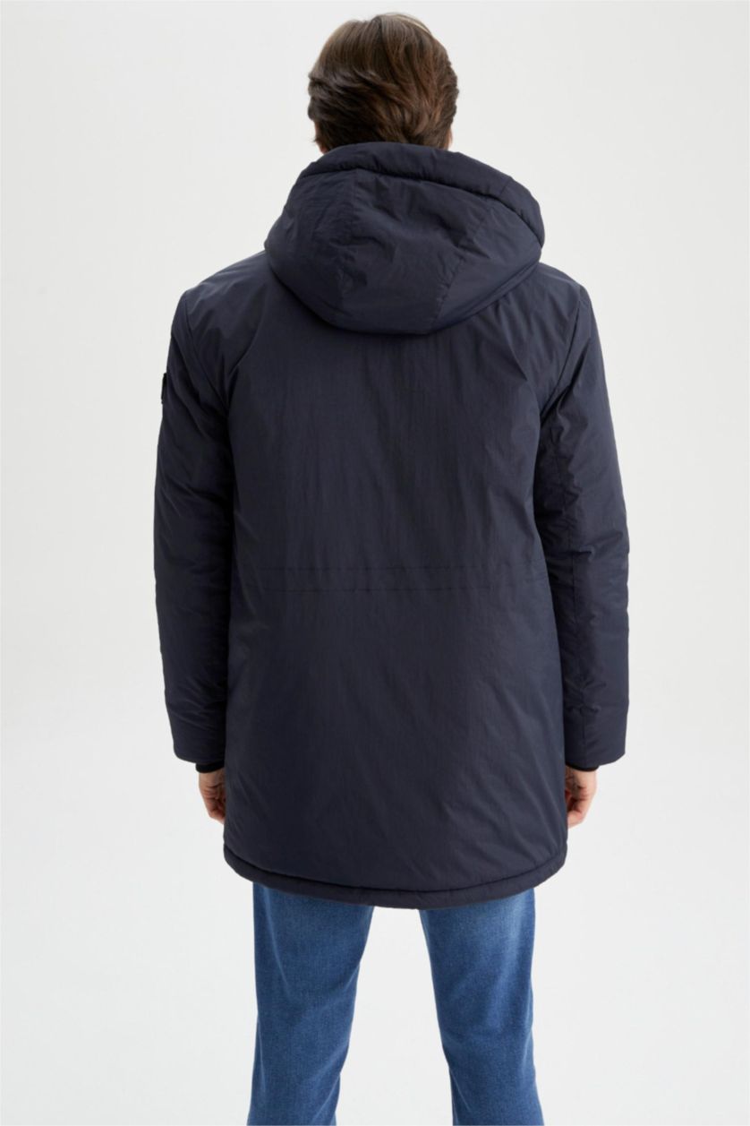 Erkek Lacivert Slim Fit Kapüşonlu Suni Kürk Astarlı Mont Parka