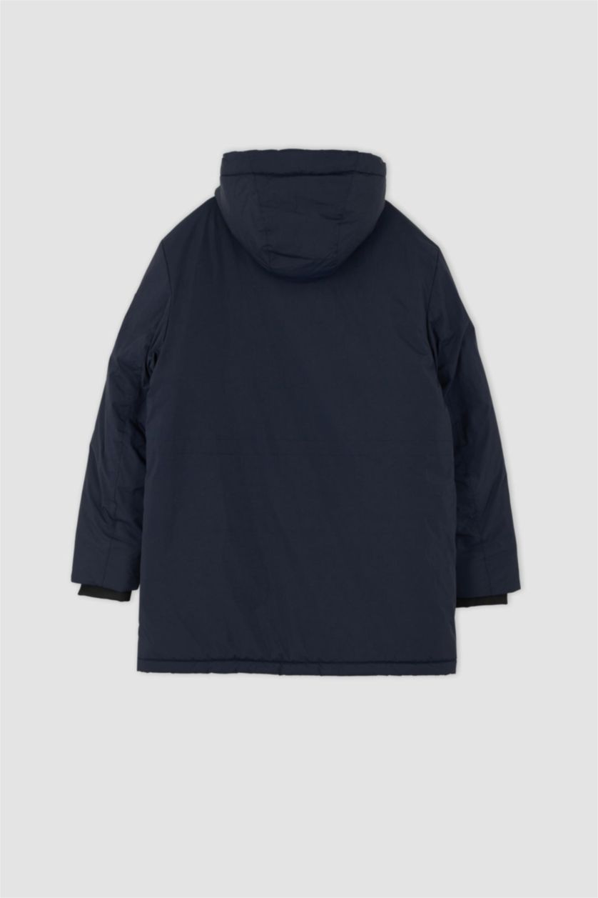 Erkek Lacivert Slim Fit Kapüşonlu Suni Kürk Astarlı Mont Parka