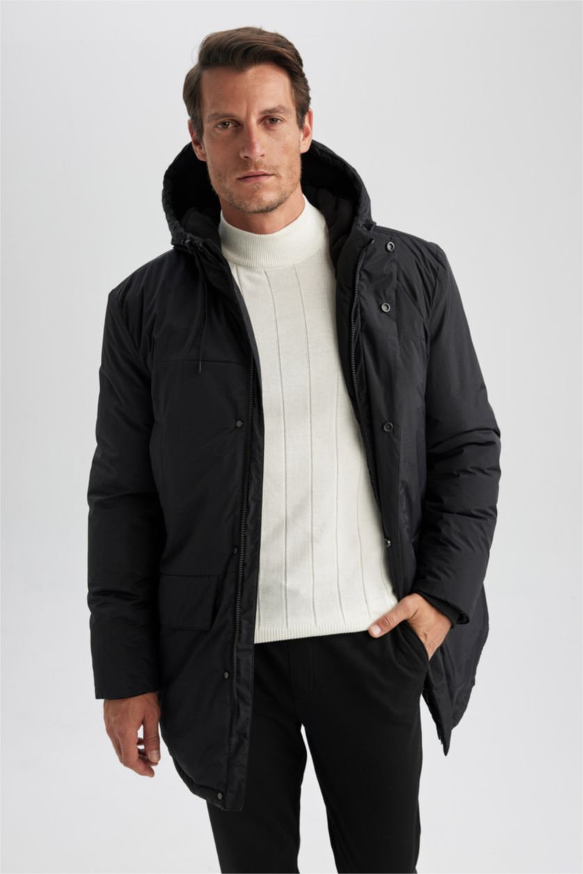 HOMME Noir Parka Coupe slim raccourcie À capuche