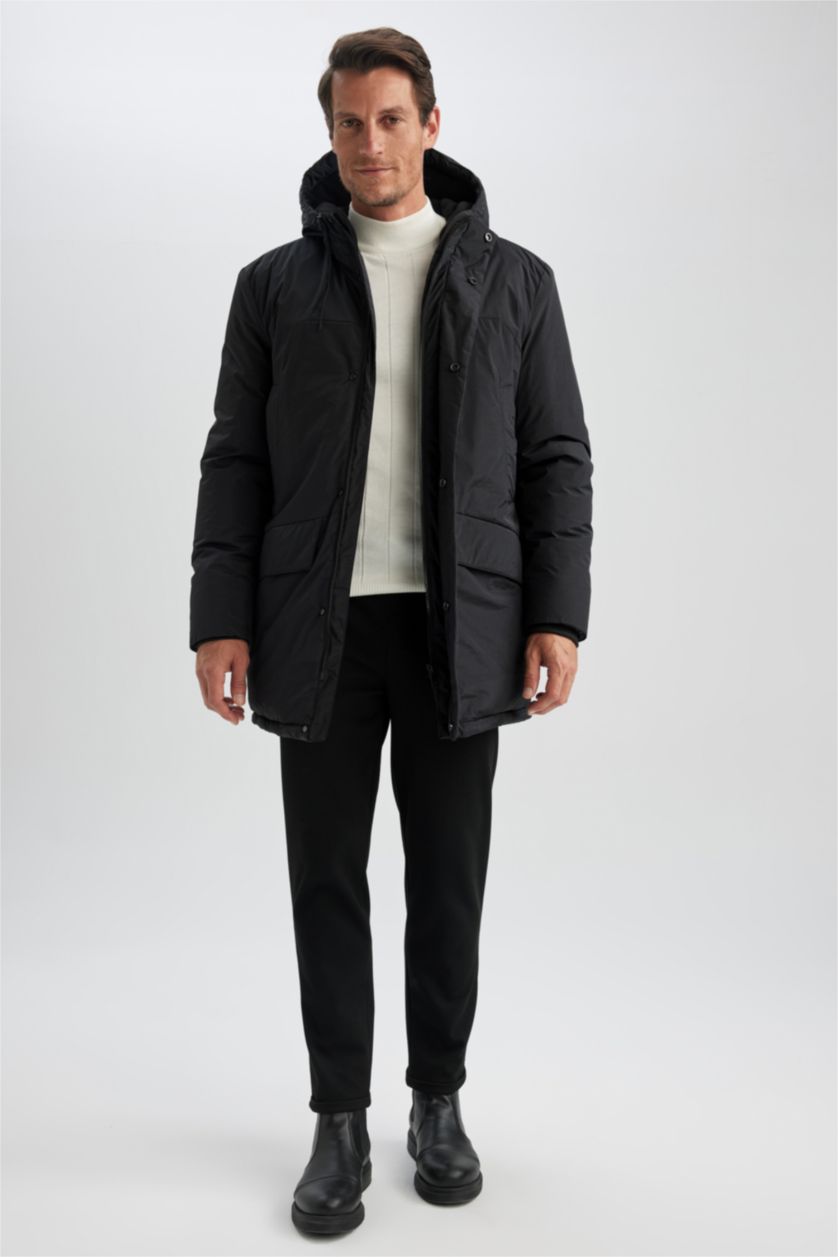 HOMME Noir Parka Coupe slim raccourcie À capuche