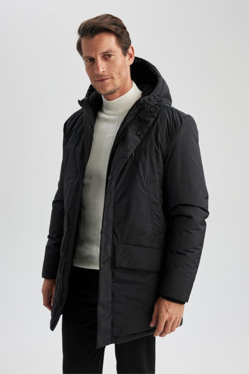 HOMME Noir Parka Coupe slim raccourcie À capuche