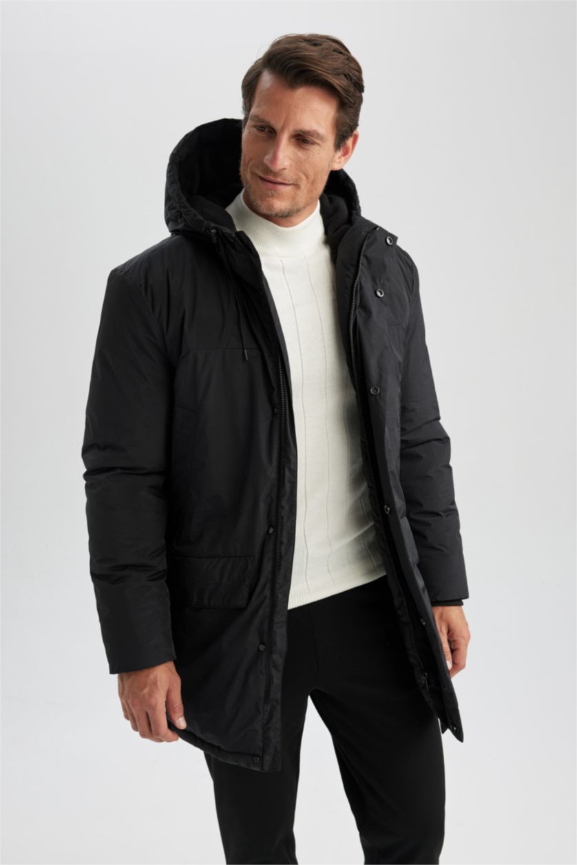HOMME Noir Parka Coupe slim raccourcie À capuche