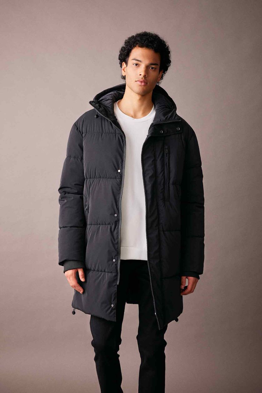 MAN Black Regular Fit Hooded Faux Fur Lined Long Puffer Jacket