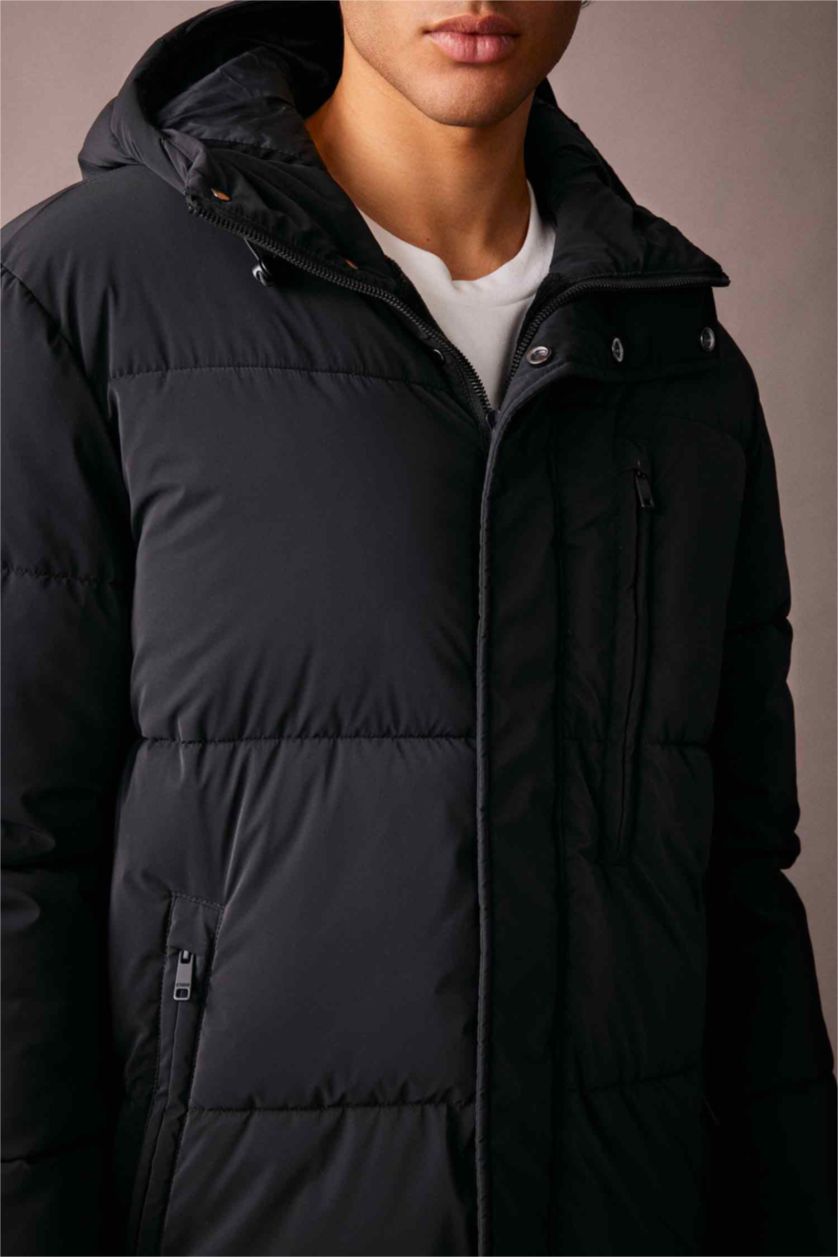 MAN Black Regular Fit Hooded Faux Fur Lined Long Puffer Jacket