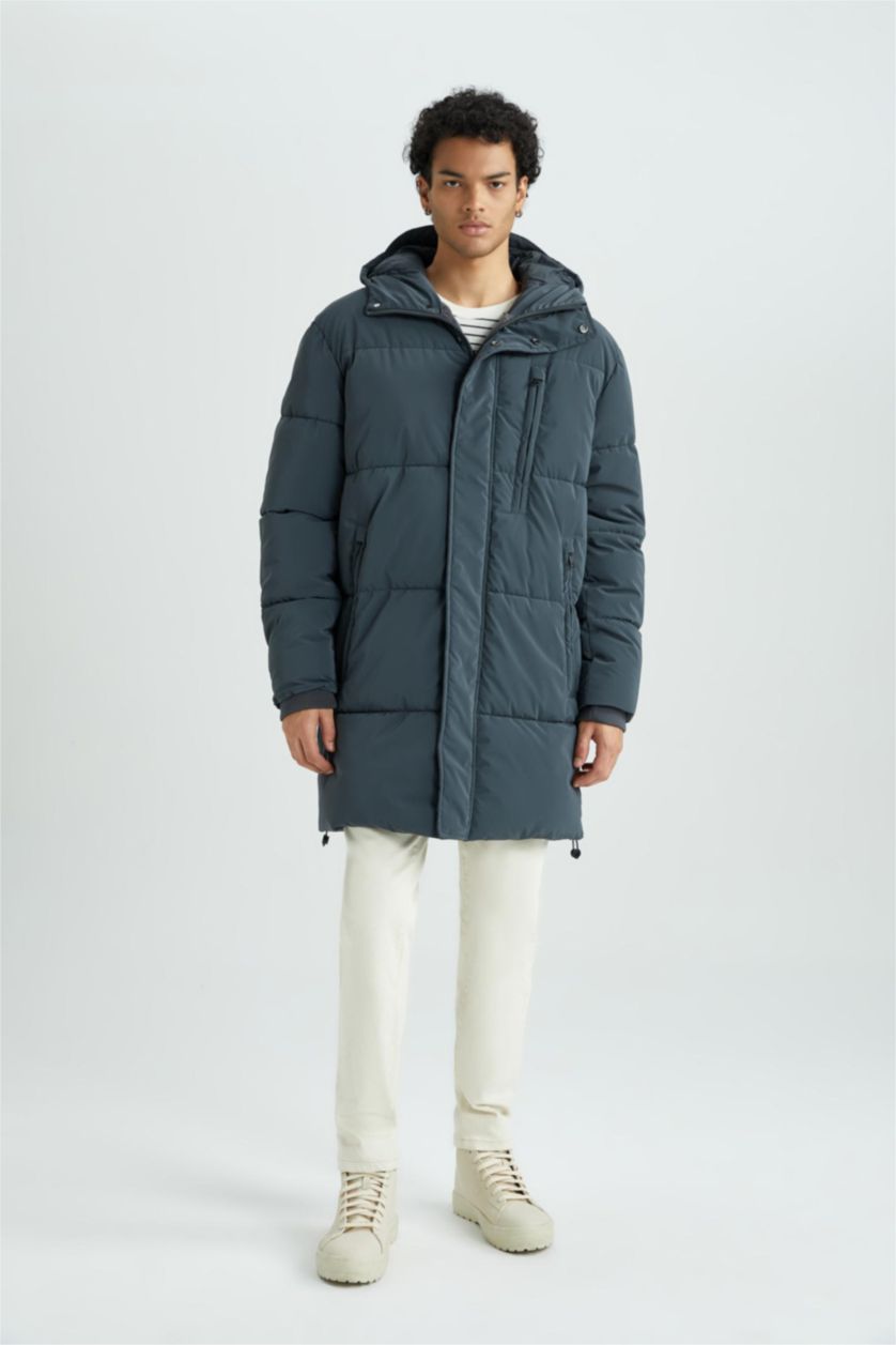 رجالي أخضر غامق جاكيت بامب طويل قصة عادية بكابيشون مبطن بفرو إصطناعي