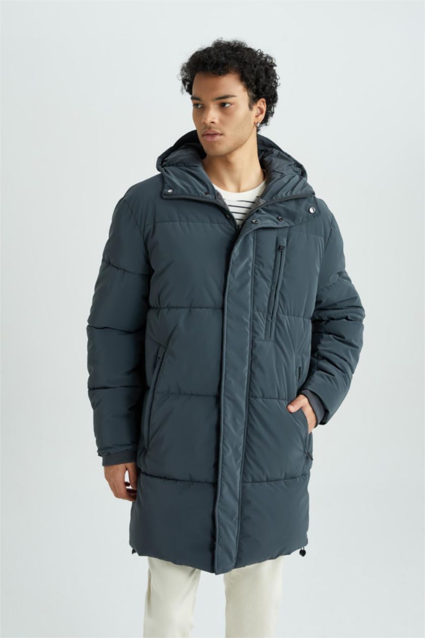 رجالي أخضر غامق جاكيت بامب طويل قصة عادية بكابيشون مبطن بفرو إصطناعي