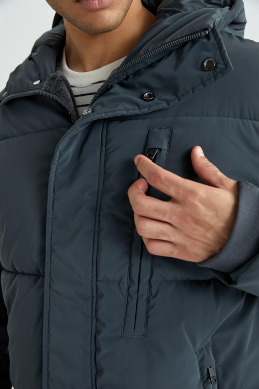 رجالي أخضر غامق جاكيت بامب طويل قصة عادية بكابيشون مبطن بفرو إصطناعي