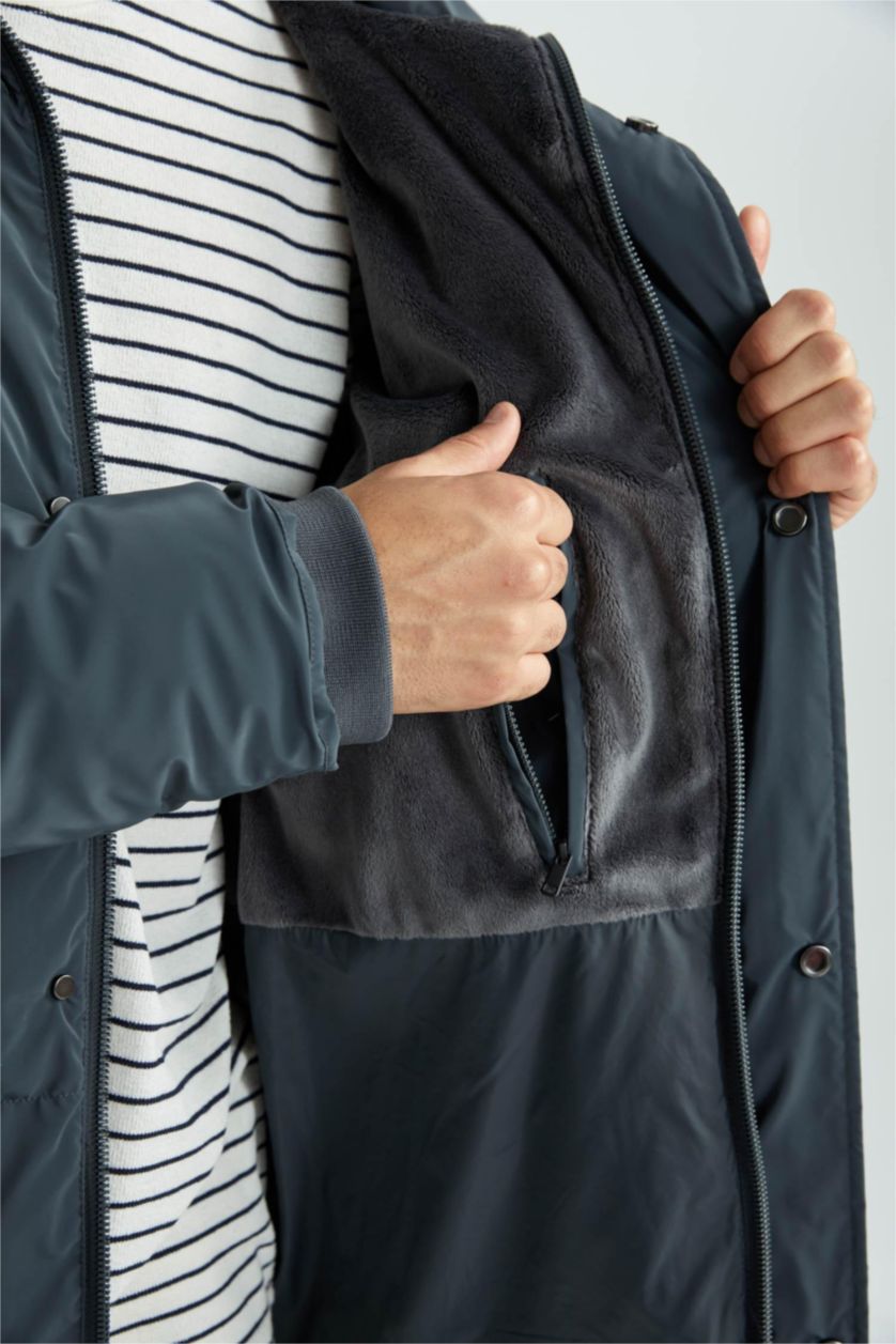 رجالي أخضر غامق جاكيت بامب طويل قصة عادية بكابيشون مبطن بفرو إصطناعي