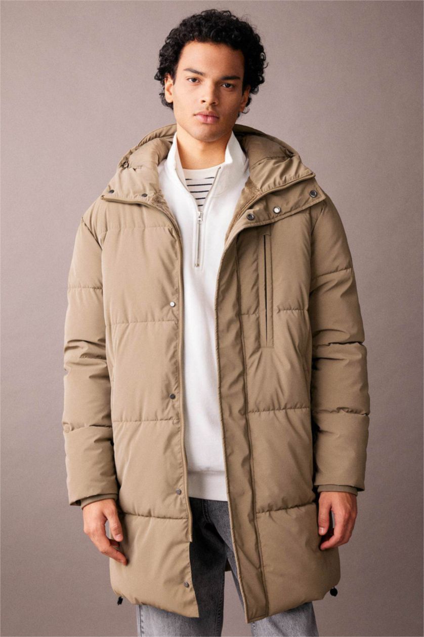 MAN Light Khaki Regular Fit Hooded Faux Fur Lined Long Puffer Jacket