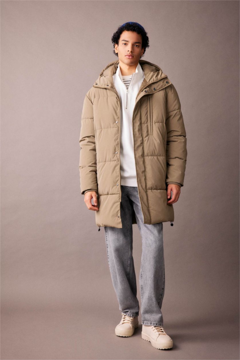 MAN Light Khaki Regular Fit Hooded Faux Fur Lined Long Puffer Jacket