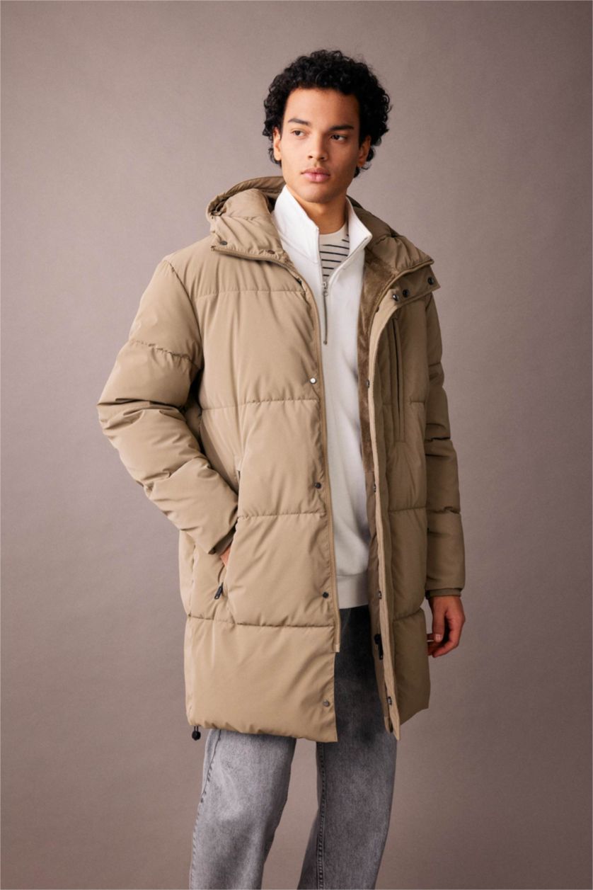 MAN Light Khaki Regular Fit Hooded Faux Fur Lined Long Puffer Jacket