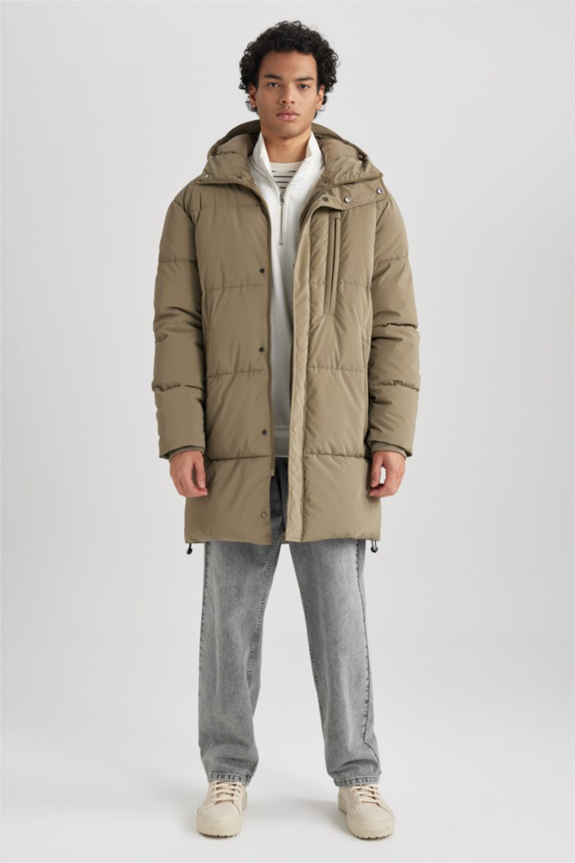 MAN Light Khaki Regular Fit Hooded Faux Fur Lined Long Puffer Jacket