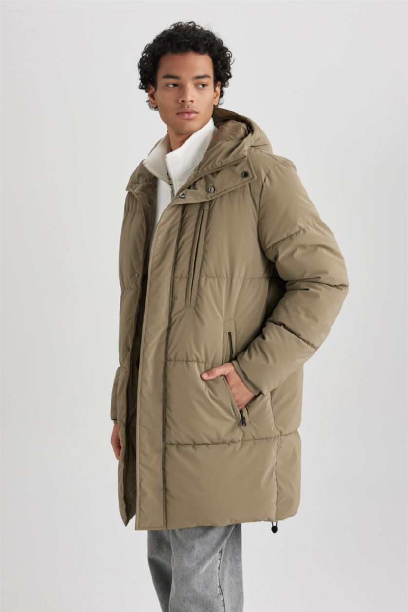 MAN Light Khaki Regular Fit Hooded Faux Fur Lined Long Puffer Jacket