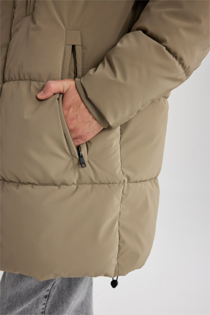 MAN Light Khaki Regular Fit Hooded Faux Fur Lined Long Puffer Jacket