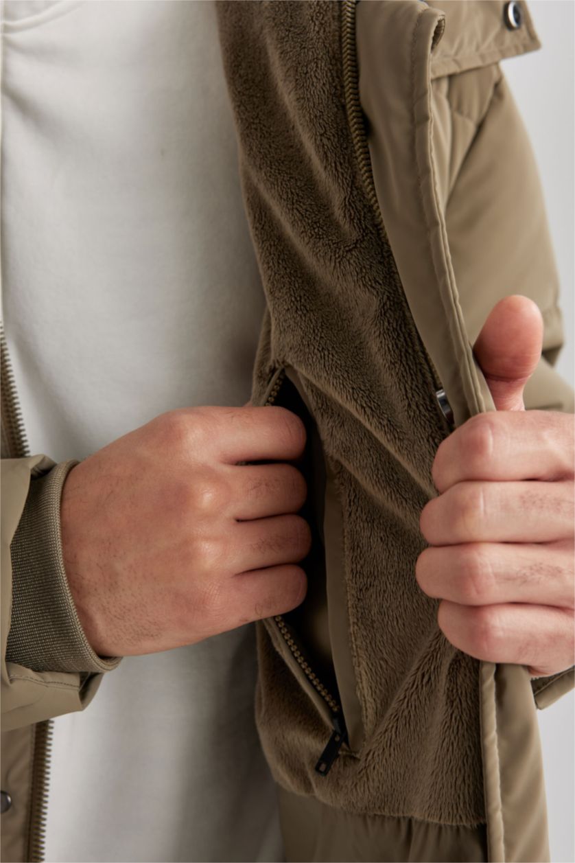 MAN Light Khaki Regular Fit Hooded Faux Fur Lined Long Puffer Jacket