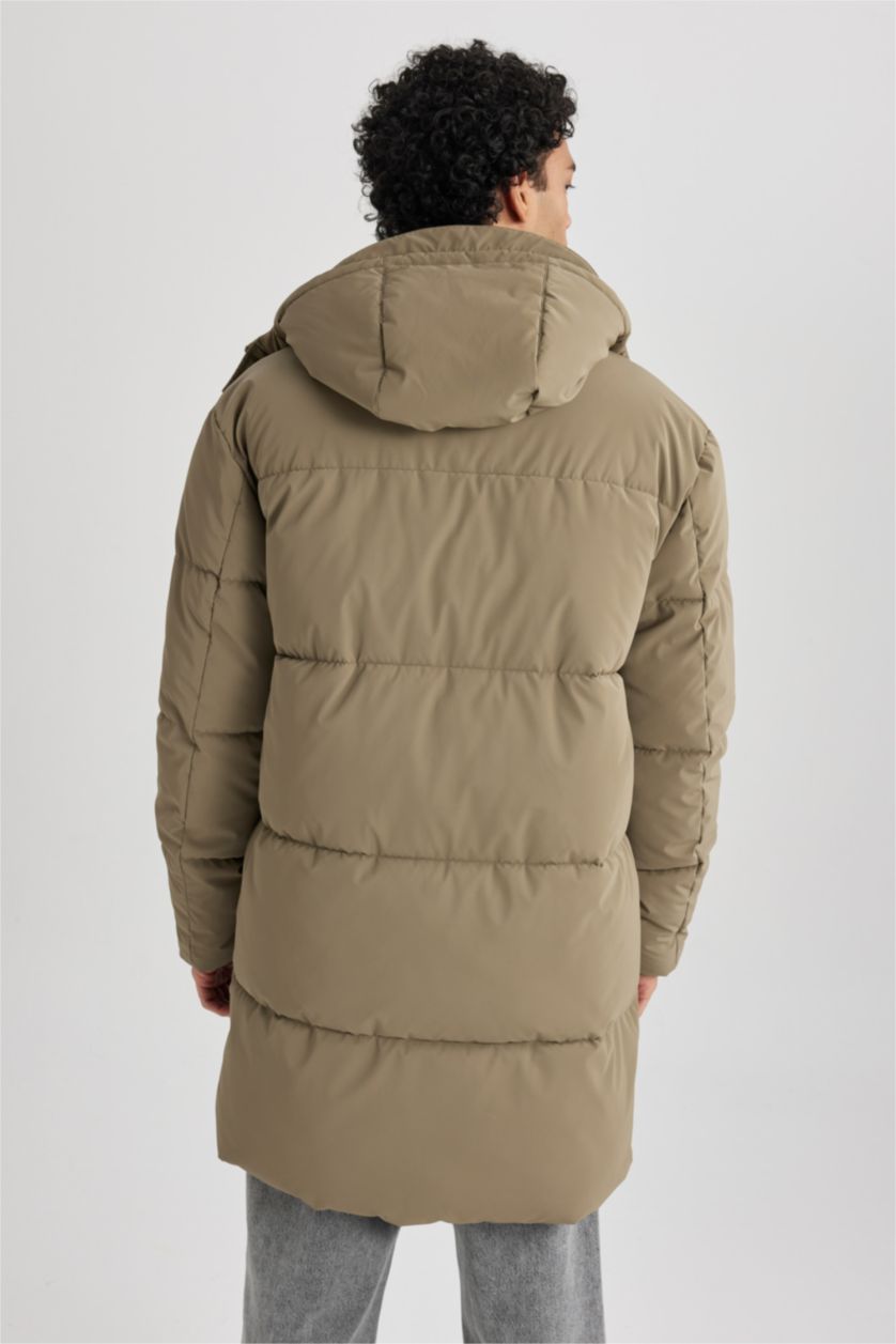 MAN Light Khaki Regular Fit Hooded Faux Fur Lined Long Puffer Jacket