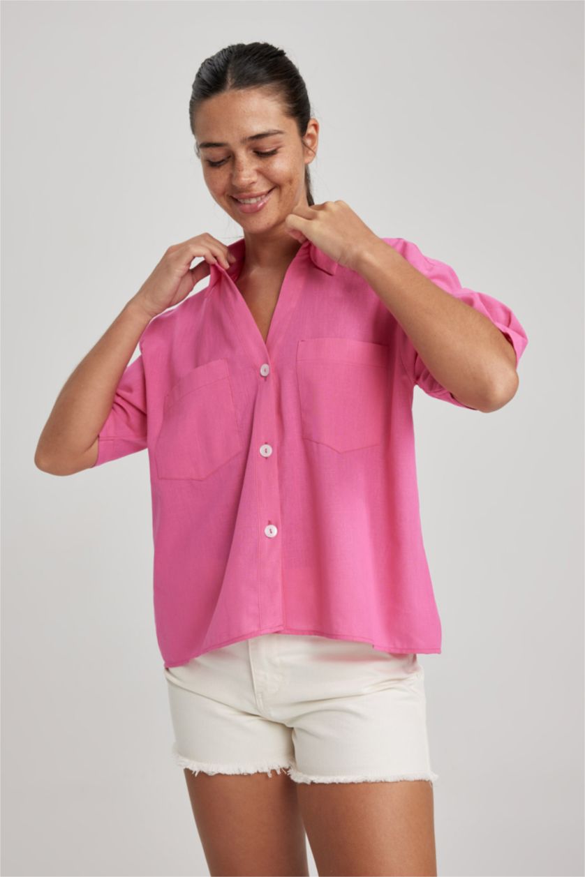 WOMAN Pink Crop Shirt Collar Short Sleeve Shirt