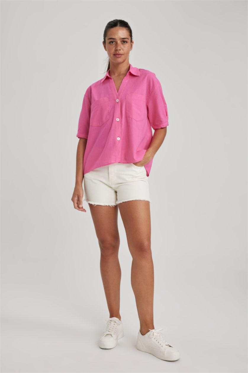 WOMAN Pink Crop Shirt Collar Short Sleeve Shirt