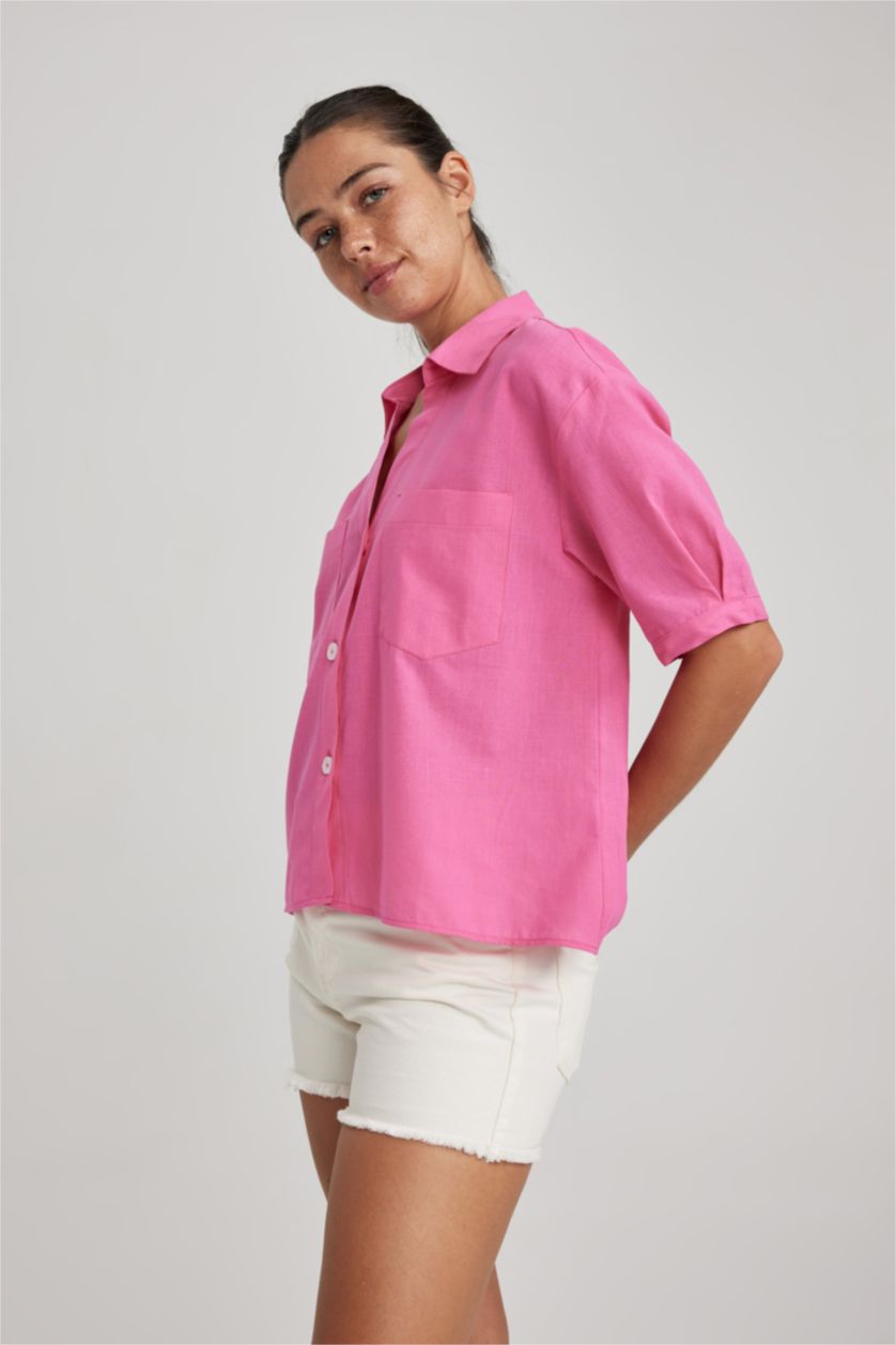 WOMAN Pink Crop Shirt Collar Short Sleeve Shirt