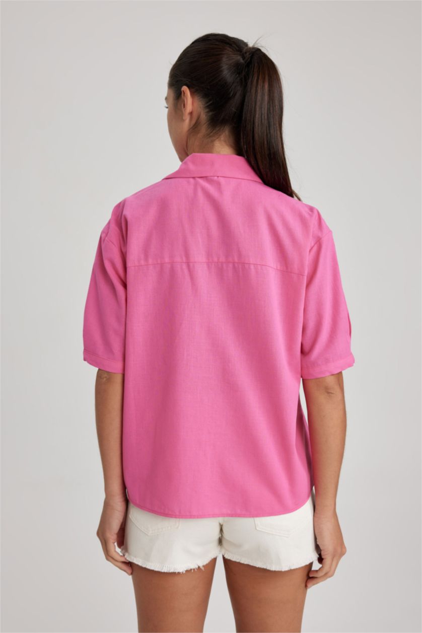WOMAN Pink Crop Shirt Collar Short Sleeve Shirt