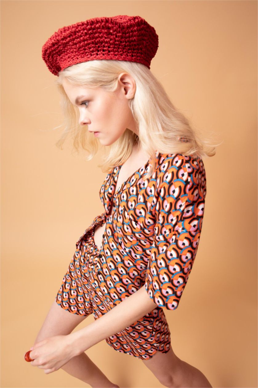 WOMAN Orange Patterned Jacket Collar Relax Fit Viscose Shirt