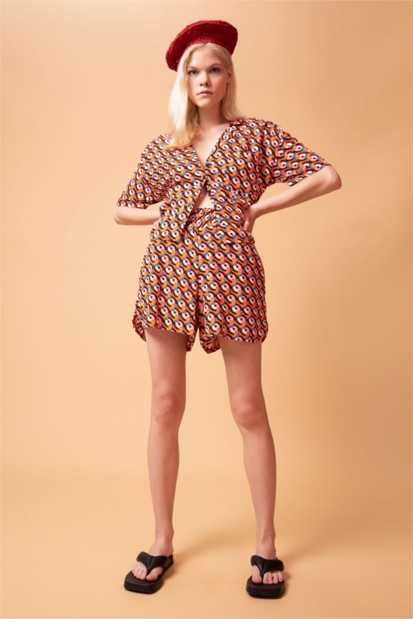 WOMAN Orange Patterned Jacket Collar Relax Fit Viscose Shirt