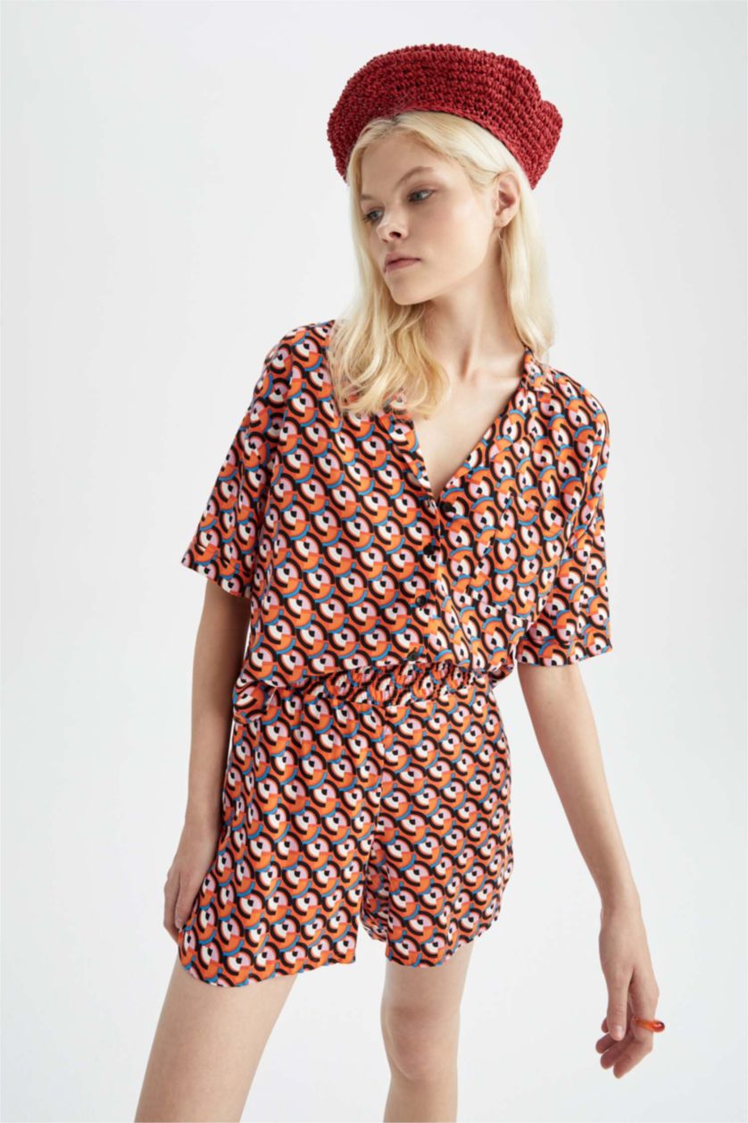 WOMAN Orange Patterned Jacket Collar Relax Fit Viscose Shirt