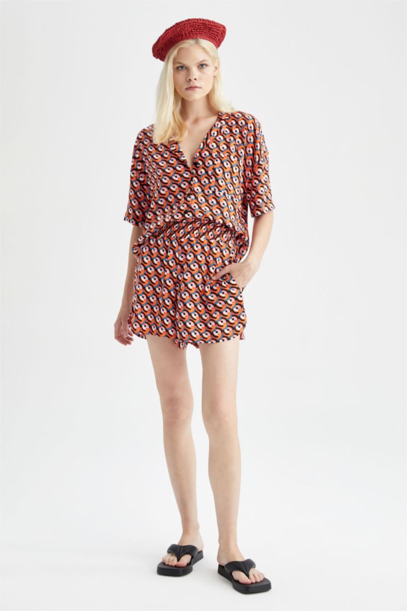 WOMAN Orange Patterned Jacket Collar Relax Fit Viscose Shirt