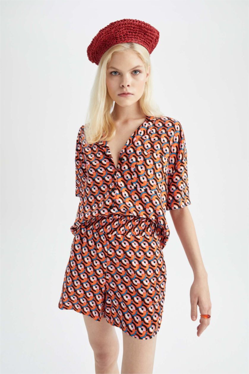 WOMAN Orange Patterned Jacket Collar Relax Fit Viscose Shirt