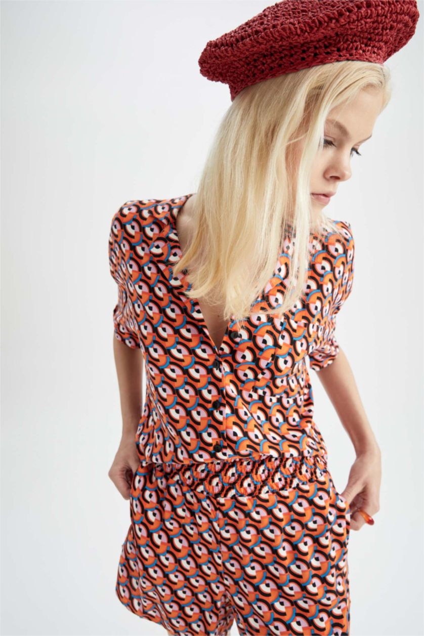 WOMAN Orange Patterned Jacket Collar Relax Fit Viscose Shirt