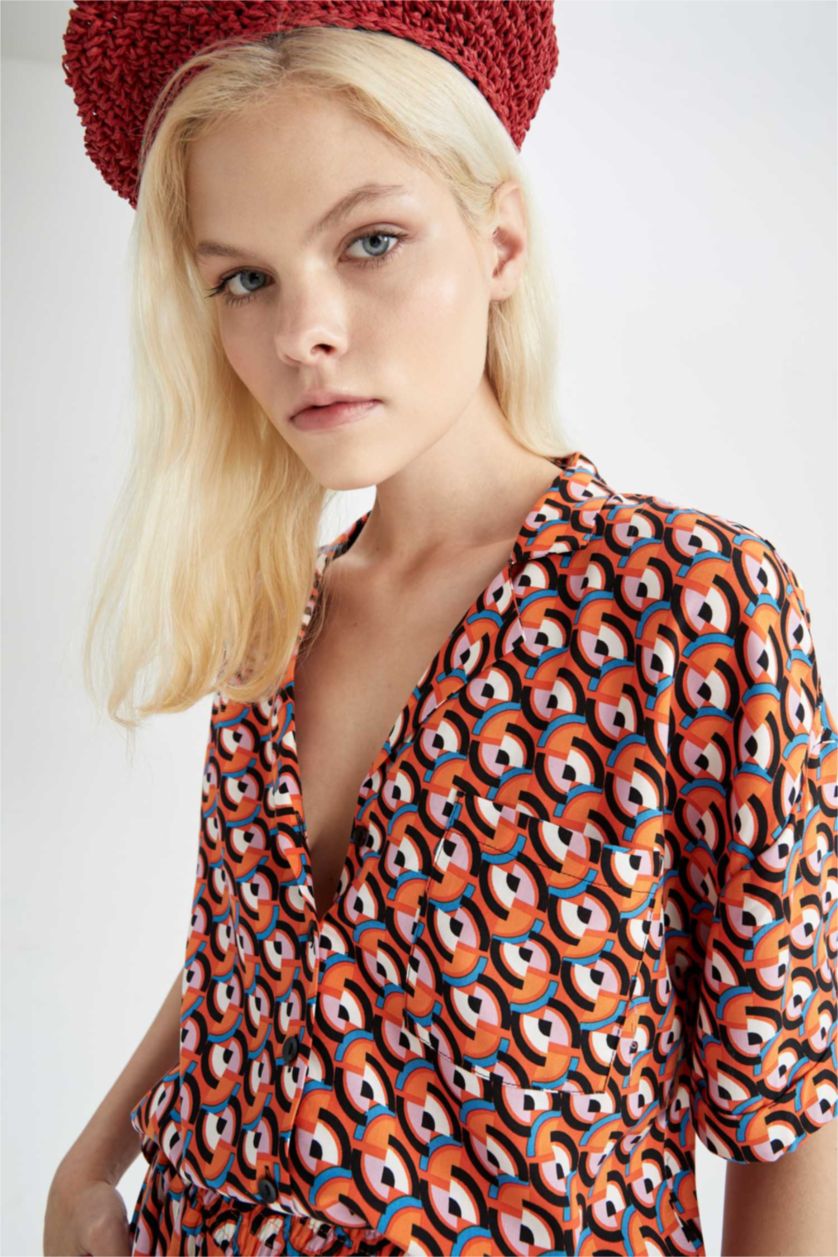 WOMAN Orange Patterned Jacket Collar Relax Fit Viscose Shirt