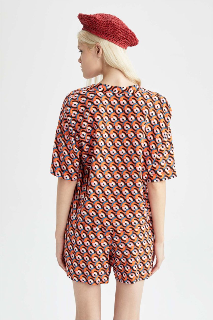 WOMAN Orange Patterned Jacket Collar Relax Fit Viscose Shirt