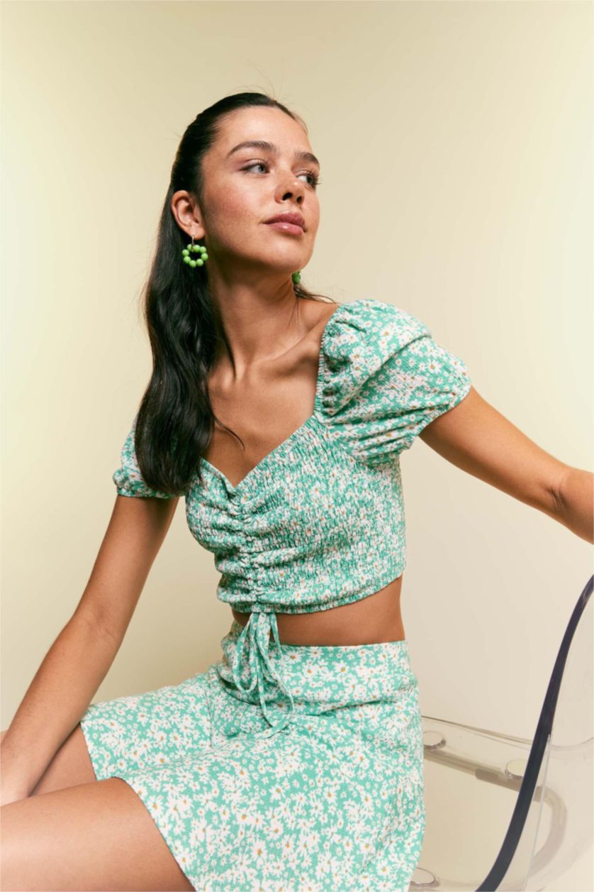 Жіночий Зелений Блузка з коротким рукавом приталеного крою з рукавами-ліхтариками Bürümcük для жінок