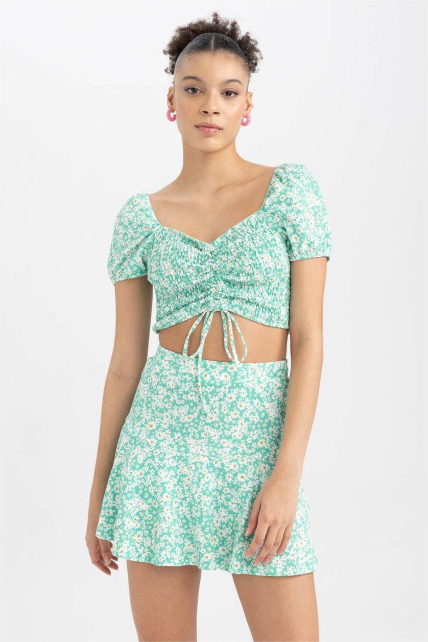 Жіночий Зелений Блузка з коротким рукавом приталеного крою з рукавами-ліхтариками Bürümcük для жінок