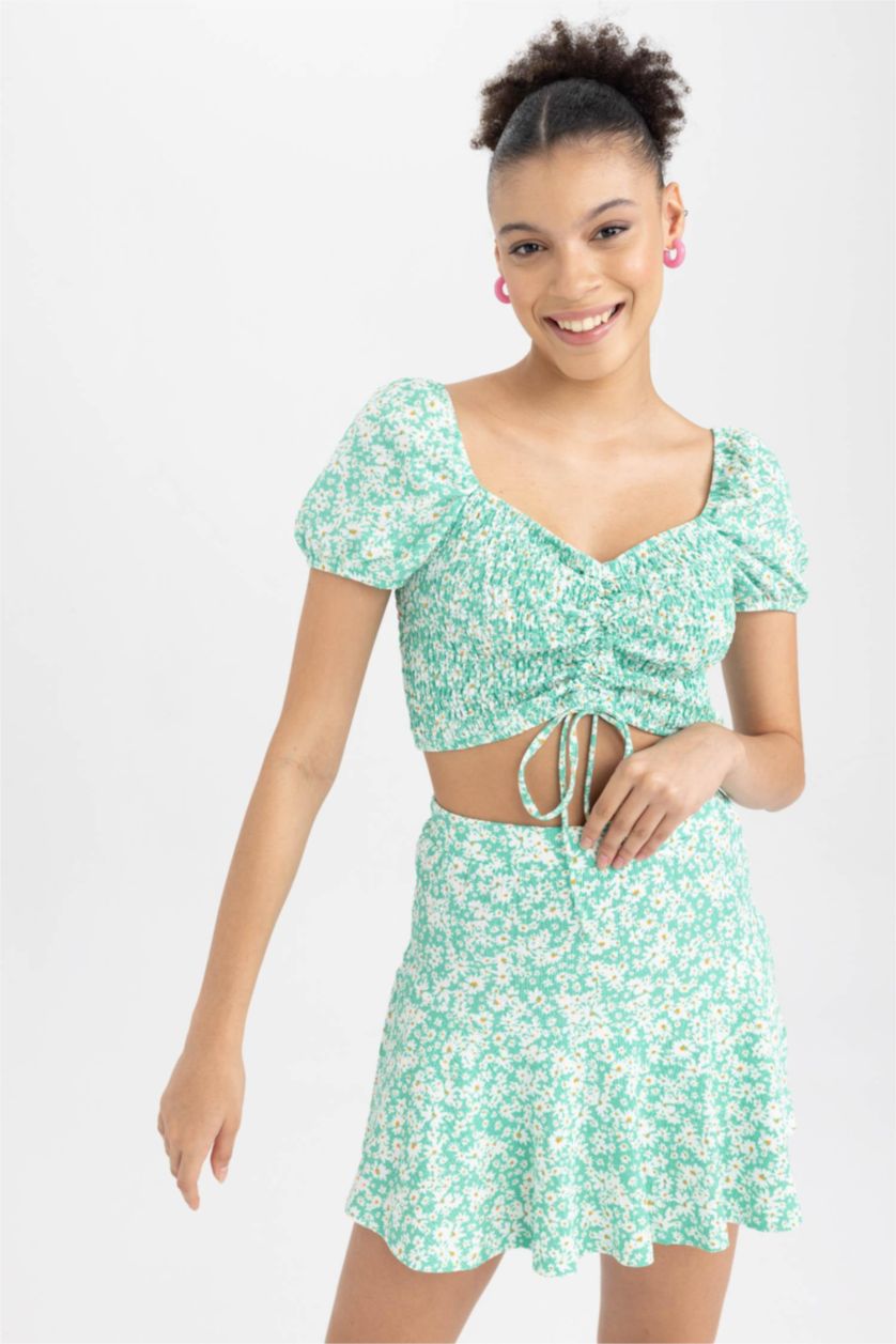 Жіночий Зелений Блузка з коротким рукавом приталеного крою з рукавами-ліхтариками Bürümcük для жінок