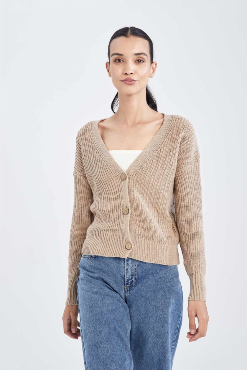 Woman Beige Regular Fit Thessaloniki Fabric Cardigan