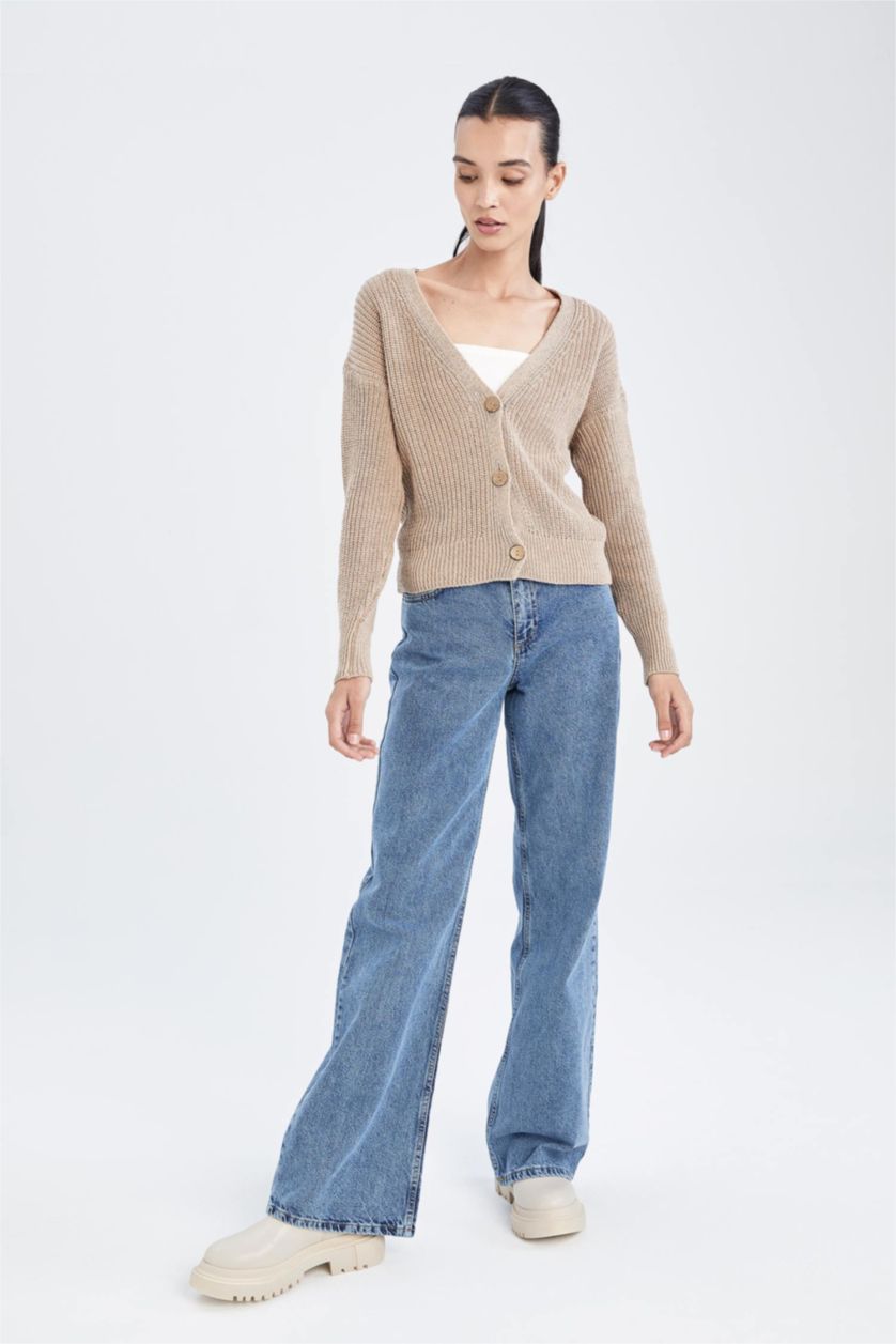 Woman Beige Regular Fit Thessaloniki Fabric Cardigan