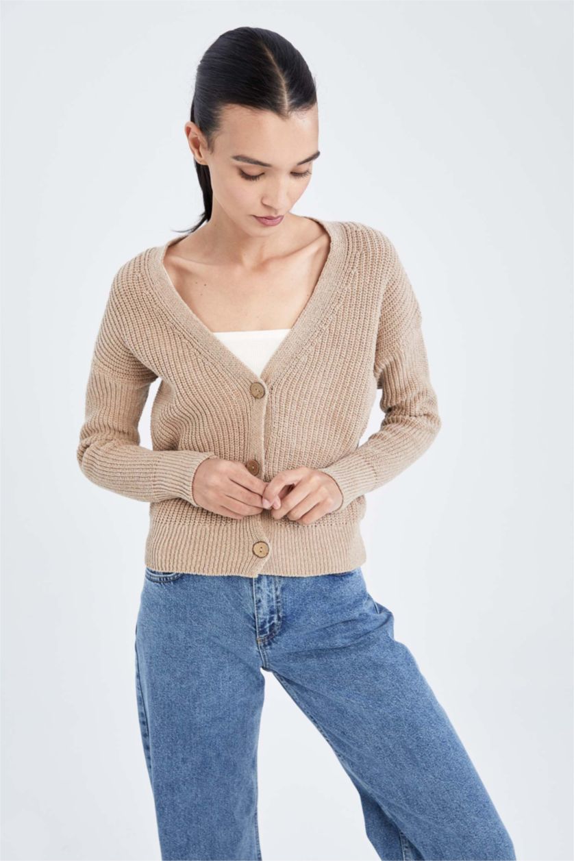 Woman Beige Regular Fit Thessaloniki Fabric Cardigan