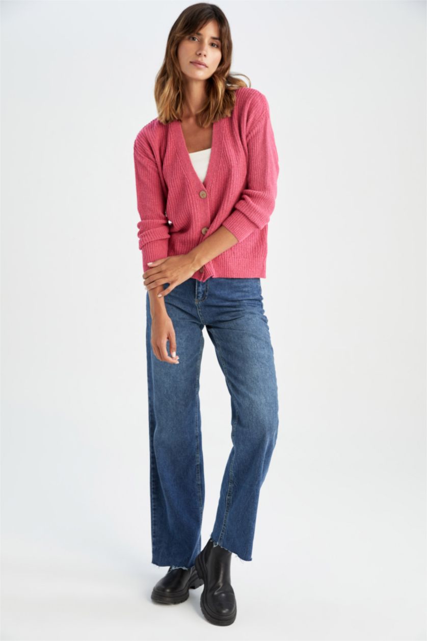 Kadın Pembe Regular Fıt V Yaka Selanik Kumaş Hırka