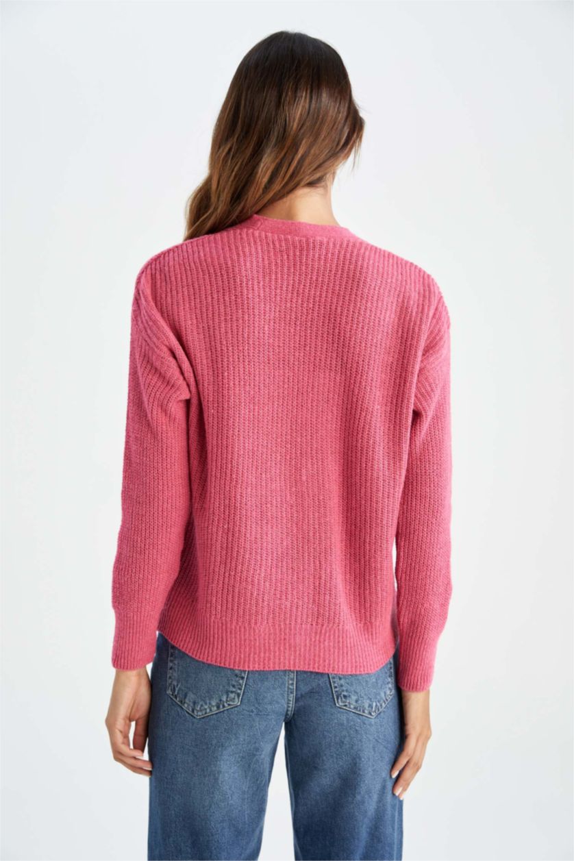 Kadın Pembe Regular Fıt V Yaka Selanik Kumaş Hırka